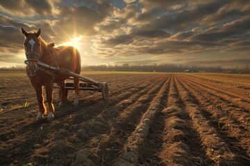 working horse plowing wheat field with a plough. generative ai