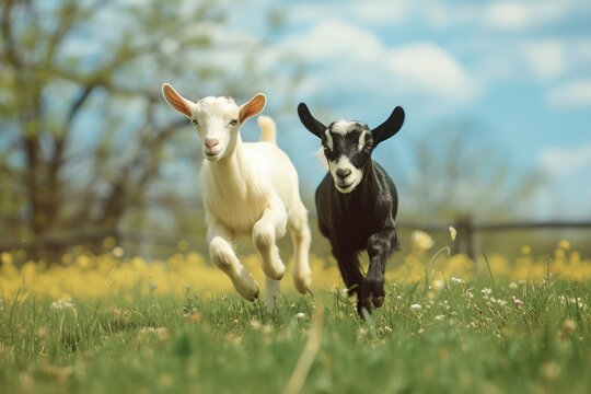 two goats are running in the grass in spring. generative ai