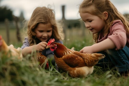two girls feeding chickens in a field together on a farm. generative ai