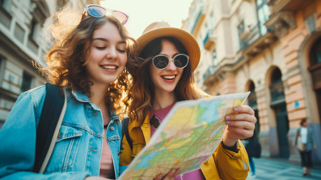Two smiling young women looking at a map in a beautiful old city