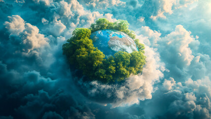 A detailed Earth planet with trees, rocks and blue water on it, surrounded by clouds. Sustainable science concept composition. - obrazy, fototapety, plakaty