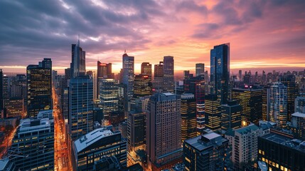 A vibrant urban skyline under a sunset, showcasing skyscrapers with glowing windows against a dramatic sky, perfect for city life, real estate, and travel content, providing a sense of scale