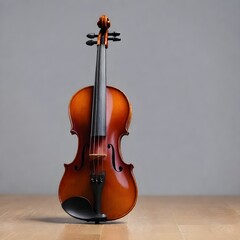 A brown violin standing upright on a light wooden floor against a gray background
