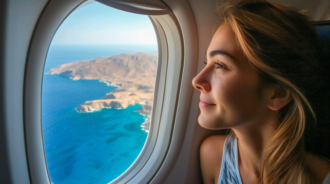 A young woman in airplane and a mediterranean landscape seen through the window