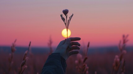 A serene image capturing a hand holding a plant stem against a sunset backdrop, embodying a tranquil, natural concept, perfect for themes of peace, beauty, and the simplicity of life
