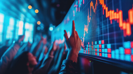 Jubilant crowd triumphantly raises hands against glowing stock market graphs, capturing the energy, optimism, and collective spirit of successful trading and financial achievement - obrazy, fototapety, plakaty