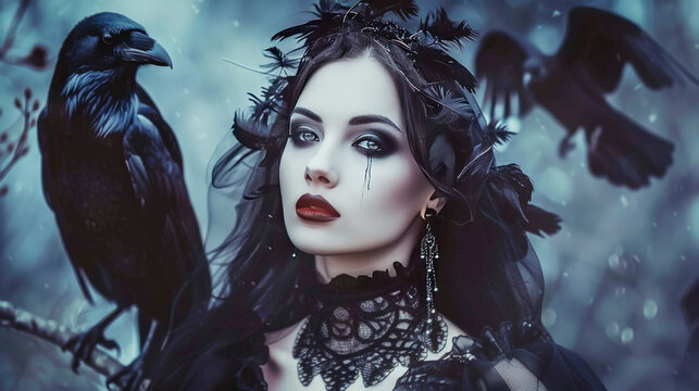 Beautiful young woman dressed in black with crows around, dark gothic atmosphere