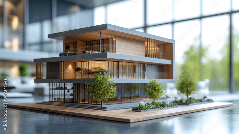 Poster a detailed architectural model home basks in soft daylight, surrounded by meticulously designed gree