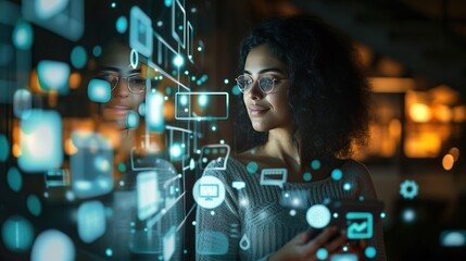 A professional using a digital tablet amidst a complex interface, highlighting engagement with technology and information exchange.