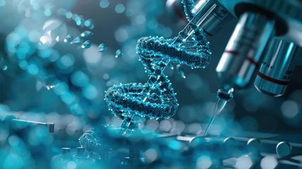 Fotobehang DNA in crystalline structure amidst blue sea showcases genetic beauty, emphasizing CRISPR, synthetic organisms, and bioengineering for healthcare/agriculture © DJSPIDA FOTO