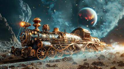 Fantasy steampunk cosmic vehicle in cosmos