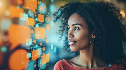 A woman interacts with a futuristic digital interface full of social media icons, symbolizing the digital communication era, with room for text.