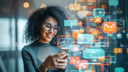 A tech-savvy woman engaging with a futuristic interface, representing the connected world of social media, perfect for digital marketing content with text space.