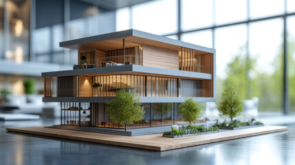 A detailed architectural model home basks in soft daylight, surrounded by meticulously designed greenery, highlighting sustainable living and modern design