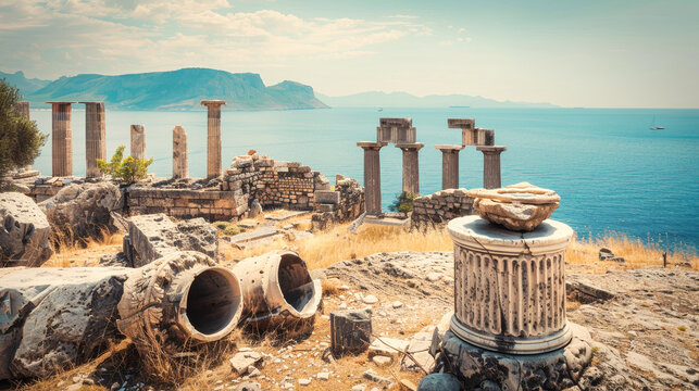Ruins of an ancient Greek temple near Mediterranean sea