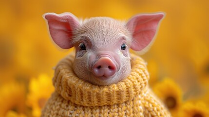 A piglet wrapped in a yellow knit, nestled among sunflowers, ideal for themes of comfort, animal husbandry, and sustainable farming - obrazy, fototapety, plakaty