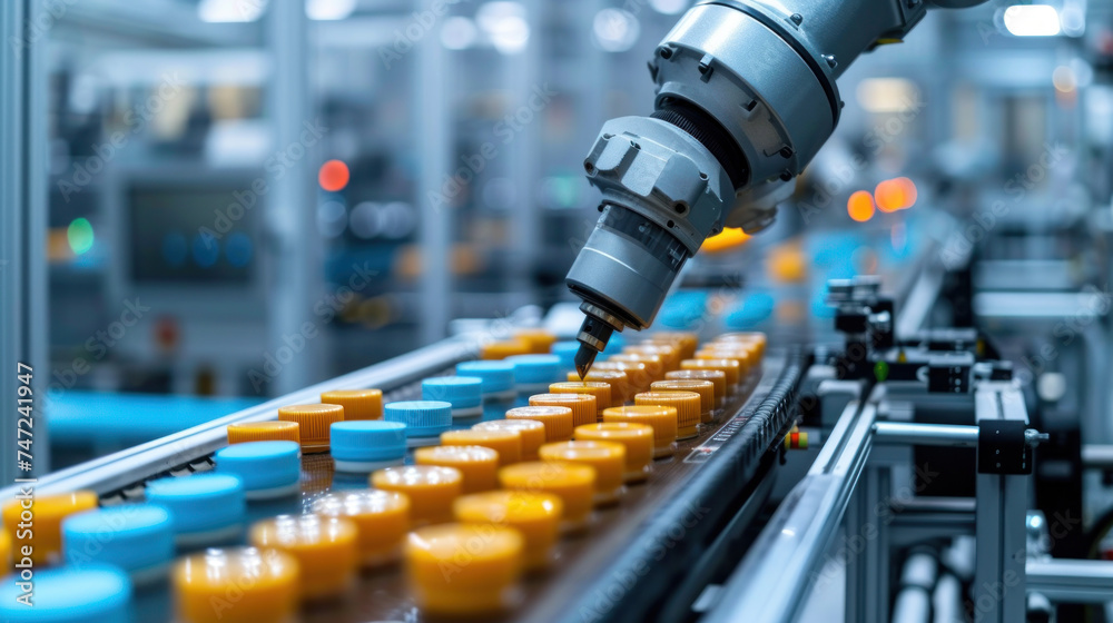 Aufkleber an industrial robotic arm meticulously handles the precise placement of caps on bottles, exemplifyin