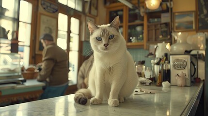 An image of a man in the background shows a white cat with blue eyes and a black dot on its head, perched on a counter.