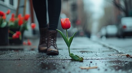 Vivid tulip rising on a city street, with a woman's legs in the background, reflecting the juxtaposition of natural beauty within urban life, perfect for lifestyle and fashion applications - obrazy, fototapety, plakaty