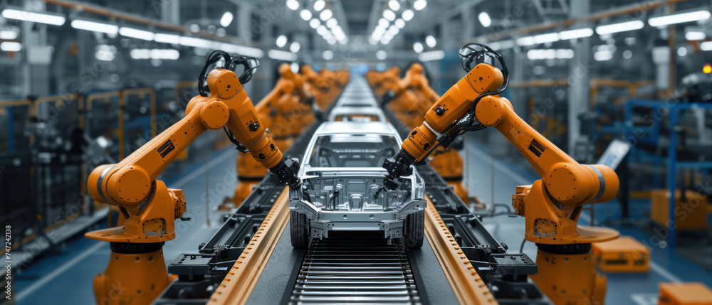 Aufkleber automated robotics arms efficiently assembling a car on a production line, showcasing precision and 