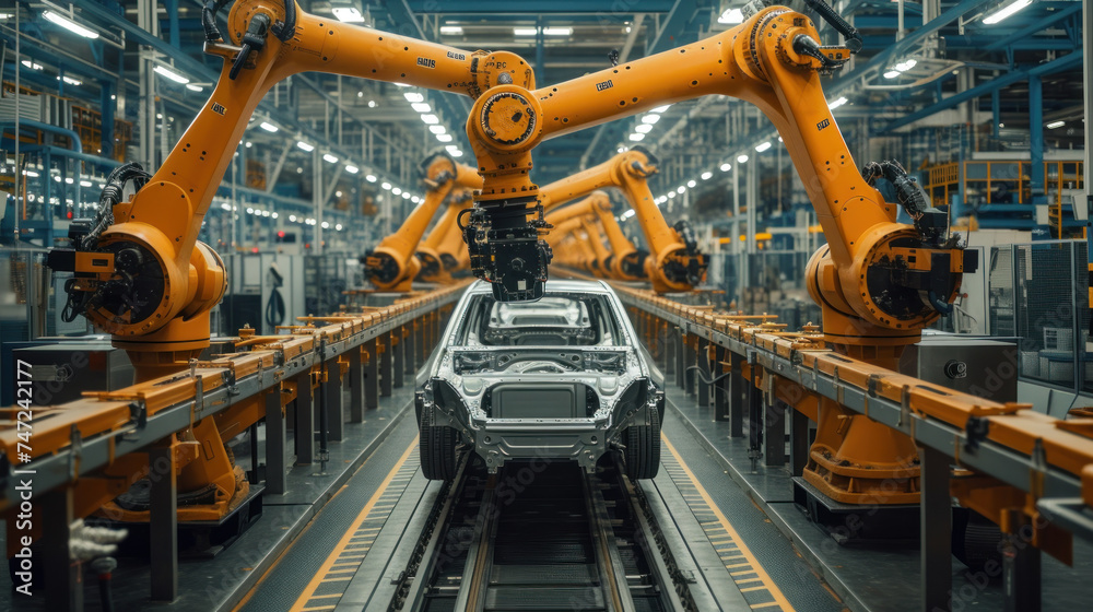Poster Automated robotics arms efficiently assembling a car on a production line, showcasing precision and advanced manufacturing technology