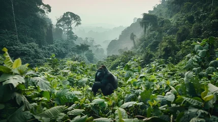 Foto op Plexiglas A mountain gorilla sits peacefully in the thick vegetation of the Bwindi Impenetrable Forest, its eyes fixed thoughtfully off in the distance. © Suleyman