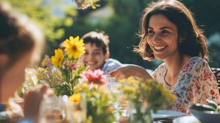 A joyful woman enjoys sunny garden party and reaches for food at a table decorated with flowers. Holiday dinner in backyard, family traditions
