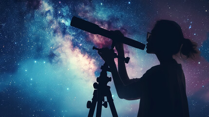 A young woman explores the stars through a telescope, making a journey into Universe, Silhouette of a woman against the background of the cosmic sky
