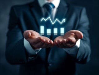A businessman showcases a holographic profit chart indicating growth and success in a professional setting