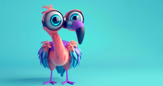 vibrant 3D cartoon featuring a cheerful pink and blue flamingo holding binoculars with excitement. color of purple and teal add to the whimsical atmosphere of the scene, making it a composition