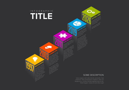 Five Isometry year steps template - multipurpose dark diagonal timeline infographic