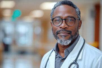 Portrait of mature black male doctor wearing white coat and glasses standing in hospital corridor - obrazy, fototapety, plakaty