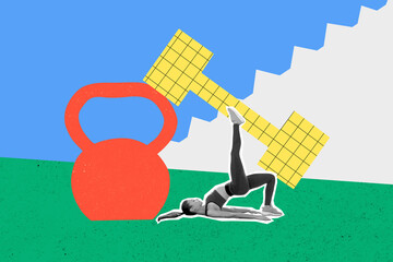 Composite creative photo collage of fit strong woman doing exercise outdoors working out with...