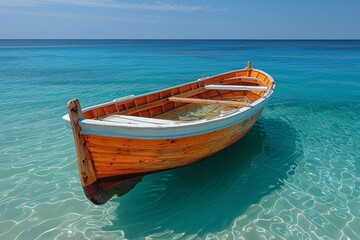 Small Wooden Boat Floating on Body of Water