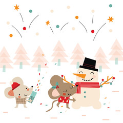 Cute little mice make a snowman in the winter forest. Children's illustration for advent calendar or poster.