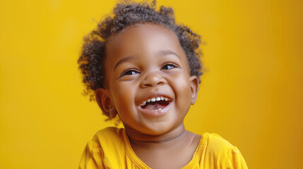 Happy African-american child smiling to camera over yellow background