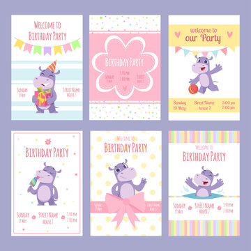 Birthday invitation templates of different placards for kids party. vector hippo character in action poses