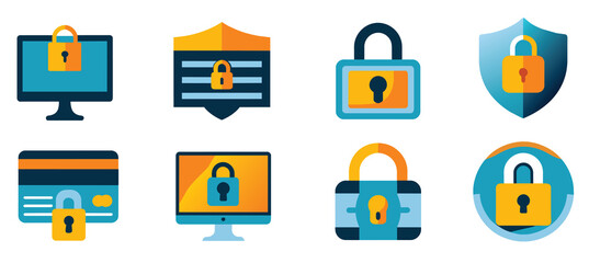 Set of flat security, shield lock vector illustration.