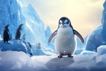 Fotobehang a cartoon of a penguin standing on snow © Constantin