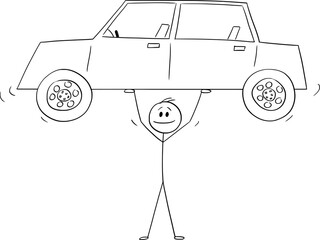 Person or Businessman Lifting Car in Hands, Vector Cartoon Stick Figure Illustration - 747243799