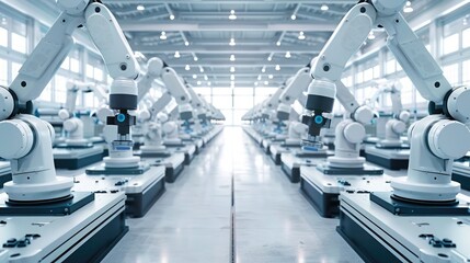 Obraz premium Automation relationships. Sleek robotic arms line up in an automated factory, a testament to manufacturing and technological advancement
