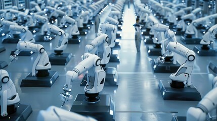 Fototapeta premium Automation relationships. Array of modern industrial robots in a high-tech manufacturing plant, reflecting precision and automation in futuristic factory settings