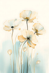 Watercolor background with flowers in the style of beige and turqouise. Minimal women's day and spring greeting card