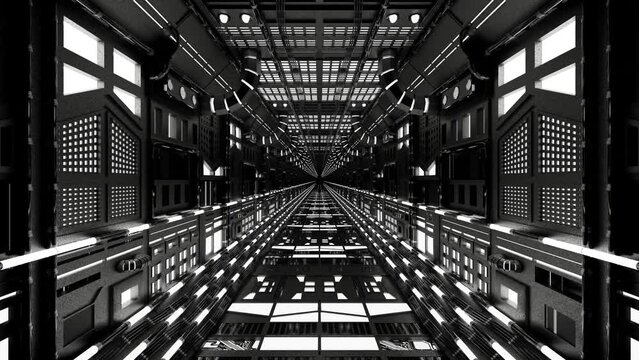 endless forward movement through a black and white futuristic dark tunnel. looped animation. 3d render