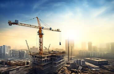 Fototapeta na wymiar Construction crane erecting a towering building under the warm hues of a beautiful sunset.