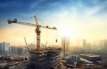 Construction crane erecting a towering building under the warm hues of a beautiful sunset.