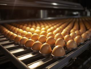 Eggs progressing along the conveyor belt on the production line.