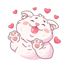 A loving white fluffy cat, surrounded by hearts, sticks out his tongue and licks something. A cartoon character of a pet. Vector illustration isolated on a white background