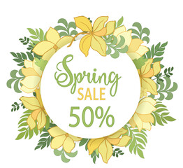 Spring sale 50% Lettering for discount purchase, Banner with color leaves. Vector illustration.