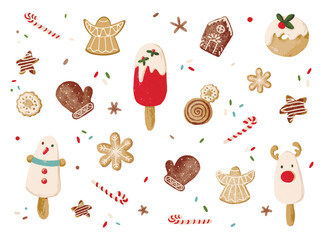 Collection of elements with Christmas sweet pastries. Isolated Vector Illustrations.